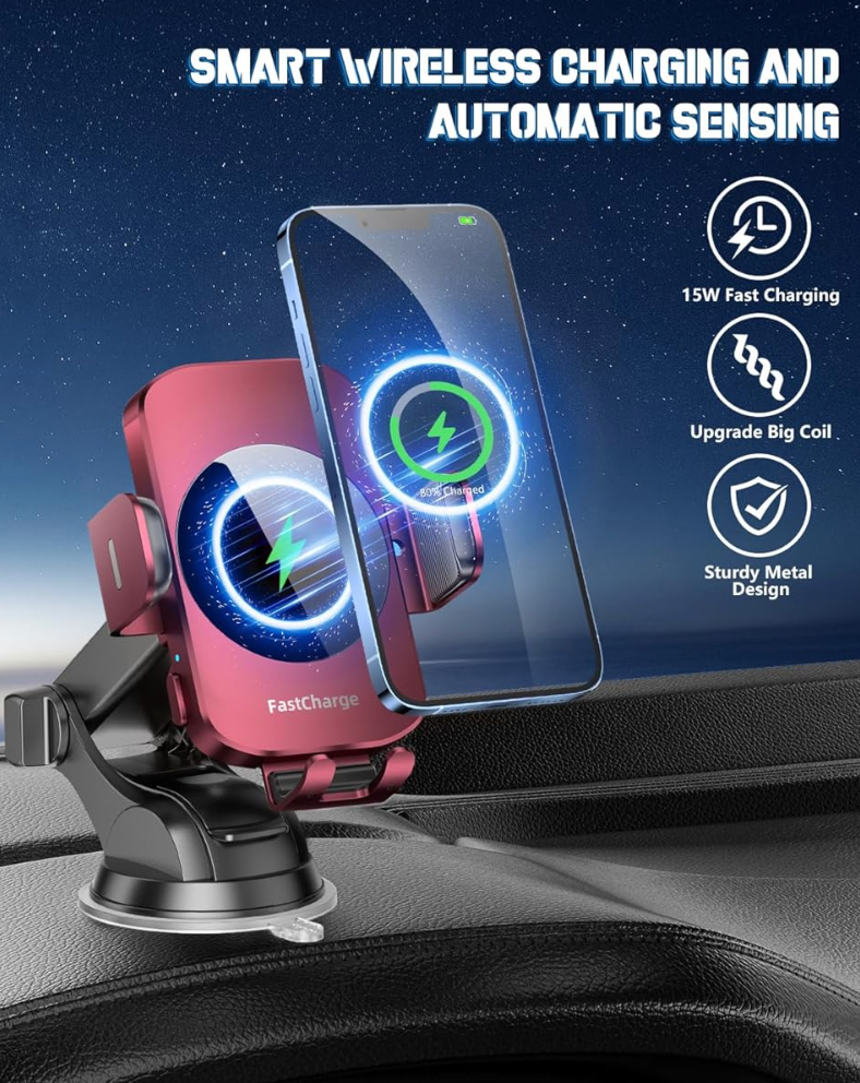 15W Wireless Car Charger - Smart & Fast Charging, Enhanced Suction Power, Robust Auto-Clamping for Secure Mounting - Perfect for iPhone 14/13/12 & Samsung Galaxy S23/S22/S20, etc, Red