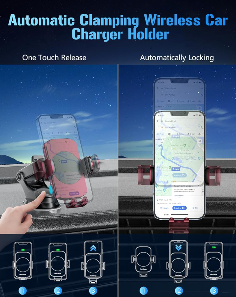 15W Wireless Car Charger - Smart & Fast Charging, Enhanced Suction Power, Robust Auto-Clamping for Secure Mounting - Perfect for iPhone 14/13/12 & Samsung Galaxy S23/S22/S20, etc, Red