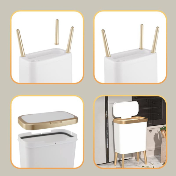 Bathroom Trash Can with Lid, Plastic Garbage Can with Legs, 4 Gallon Gold Trash Bin with Push Button, Narrow White Trash Can Waste Basket for Bedroom, Living Room and Office