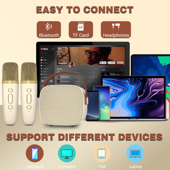 Mini Karaoke Machine with 2 Wireless Microphone, Bluetooth Speaker for Kids and Adults