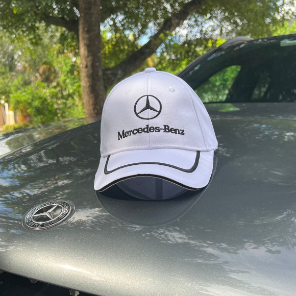 White MERCEDES-BENZ Cap Adjustable Embroidered Black Logo, Stripe, and Trim Car Hat