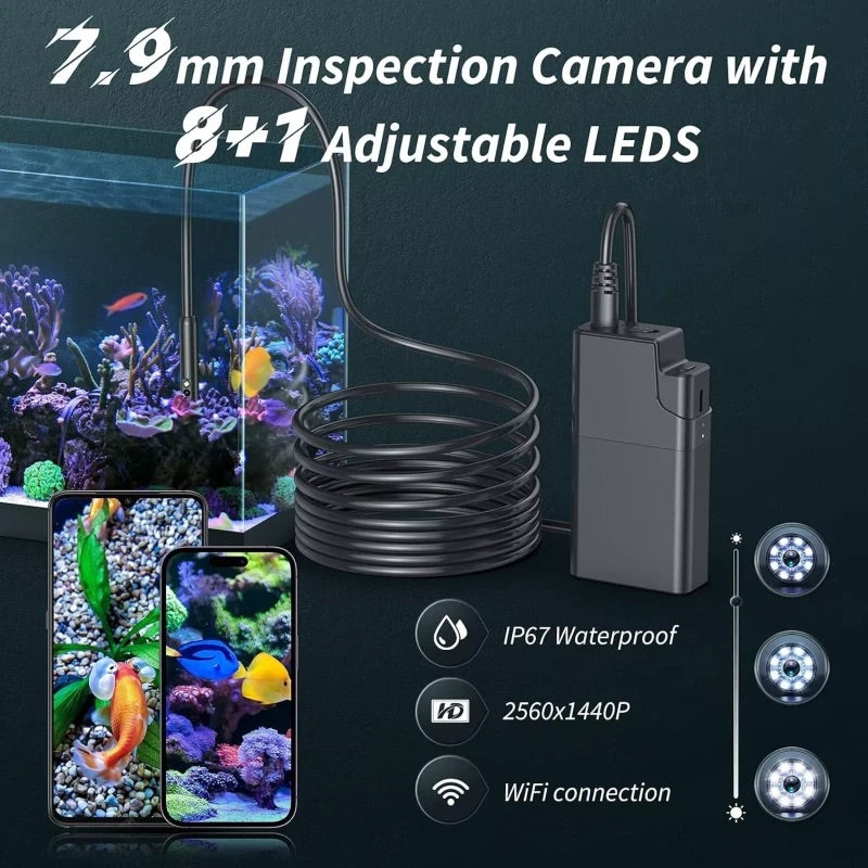 Wireless Endoscope, 2560P HD WiFi Borescope with Dual Lens, IP67 Waterproof Endoscope Camera with Light, Inspection Camera with 9 LED Lights for Android and iOS Smartphone, 16.4FT