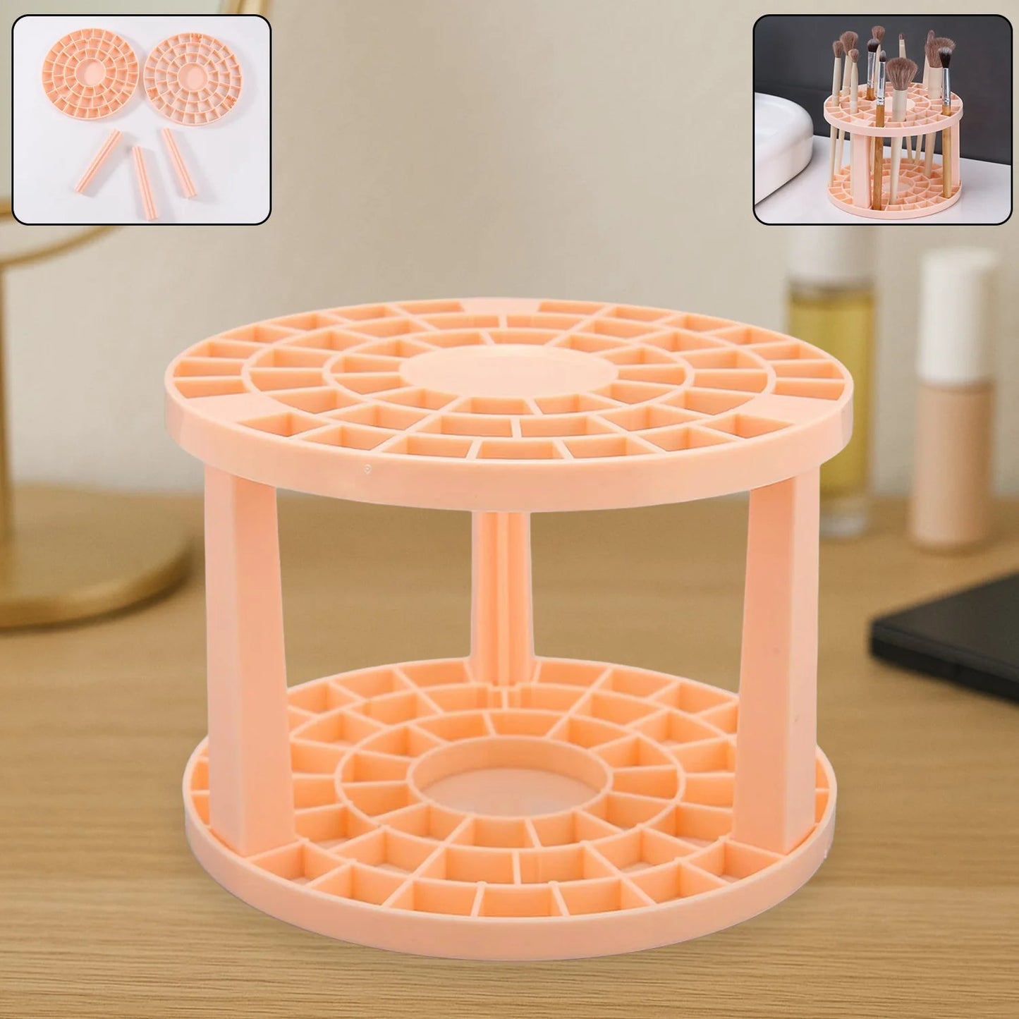 Pink Makeup Brush Holder – Round Plastic Storage Stand for Brushes, Pencils & Desk Supplies