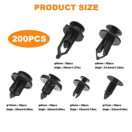 200 Pcs Push Bumper Fastener Rivet Clips with 6 Size Auto Body Retainer Clips