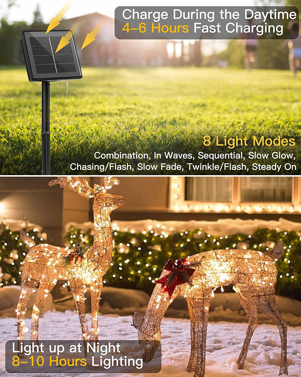 Solar String Lights 2 Pack 66Feet 200 Led Solar Powered Fairy Lights with 8 Modes Waterproof Decoration for Patio Yard Trees