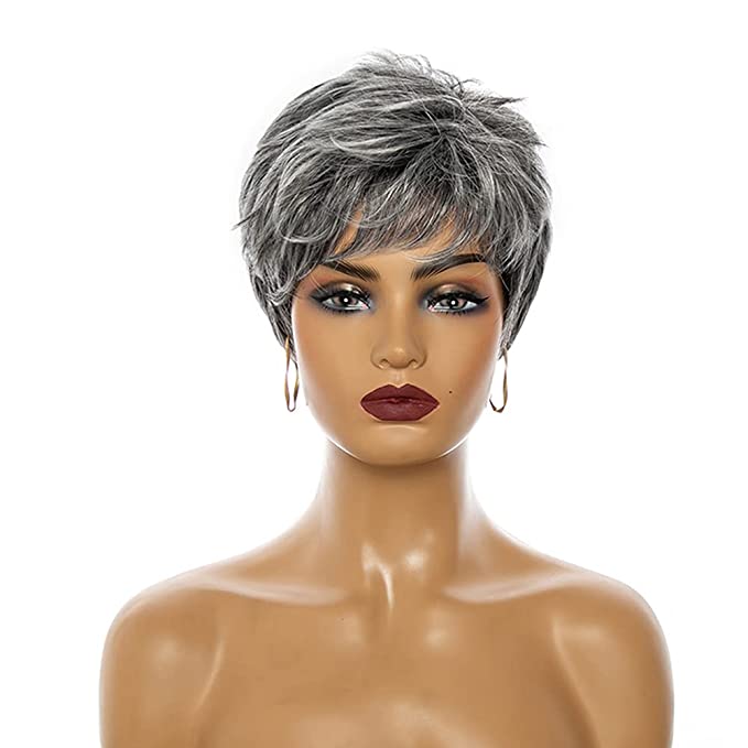 Short Grey Wig Pixie Cut Wig with Bangs Mixed Grey Wigs for White Women Layered