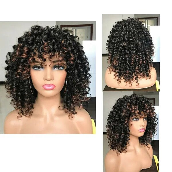 Afro Curly Wig with Bangs β Black & Warm Brown Highlights | Natural Synthetic Hair