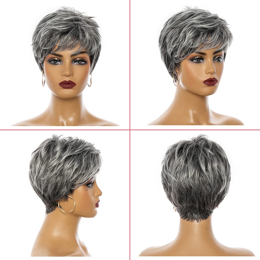 Short Grey Wig Pixie Cut Wig with Bangs Mixed Grey Wigs for White Women Layered