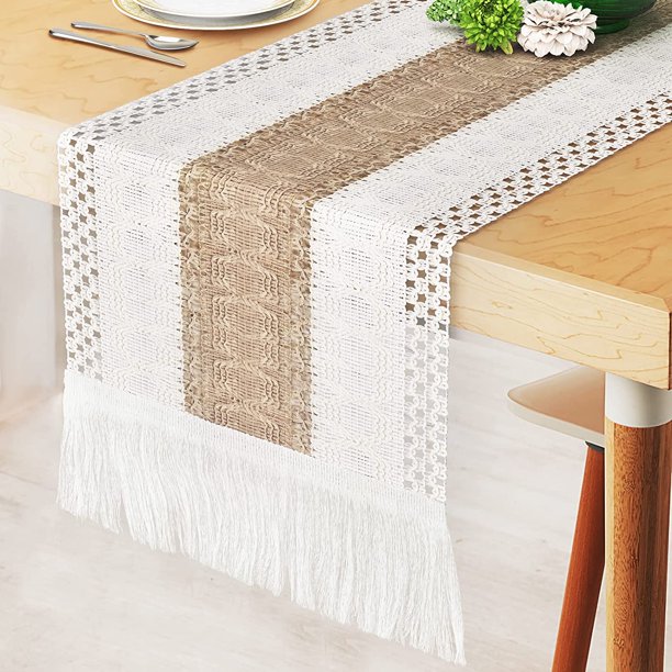 Rustic Boho Macrame Table Runner 12βx72β β Cotton & Jute Blend with Tassels, Farmhouse Dining Decor