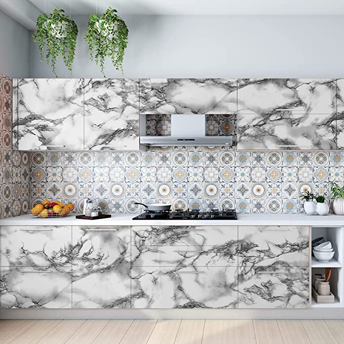 Marble Countertop Paper Granite Gray/White Wallpaper Glossy Peel and Stick Adhesive 16"x120"