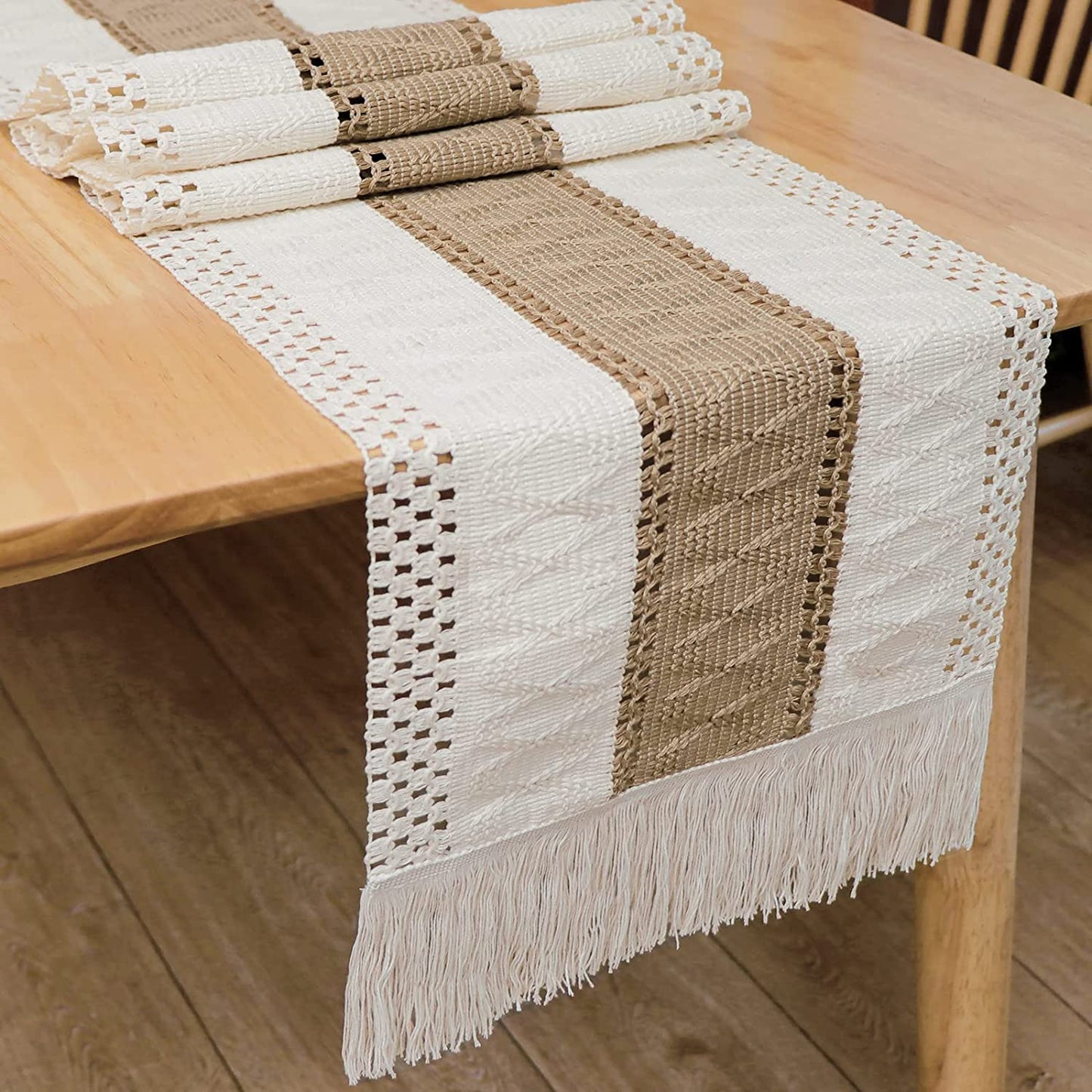Rustic Boho Macrame Table Runner 12βx72β β Cotton & Jute Blend with Tassels, Farmhouse Dining Decor