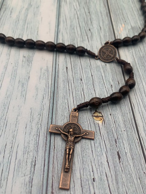 St Benedict Wood Rosary Cord Beaded Chaplet Wood Beads Saint Medal & Cross