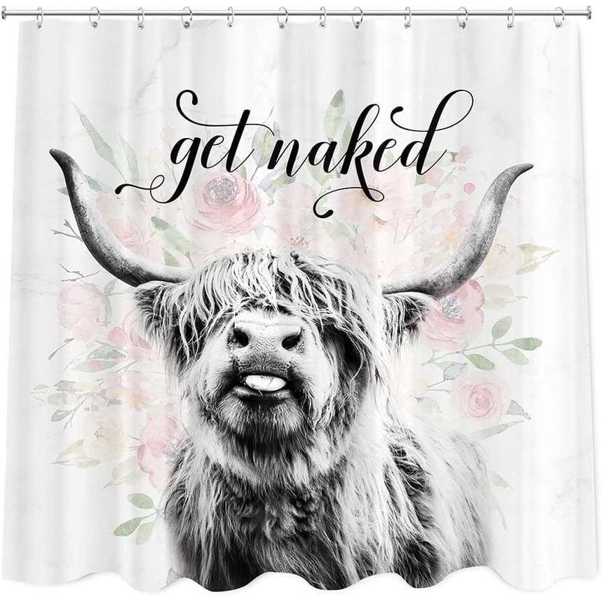 New✨ Shower Curtain Farmhouse Highland Shower Curtain, Funny, Cattle Bull Cow Floral