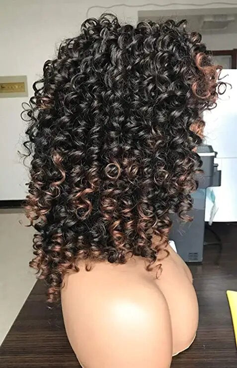 Afro Curly Wig with Bangs β Black & Warm Brown Highlights | Natural Synthetic Hair