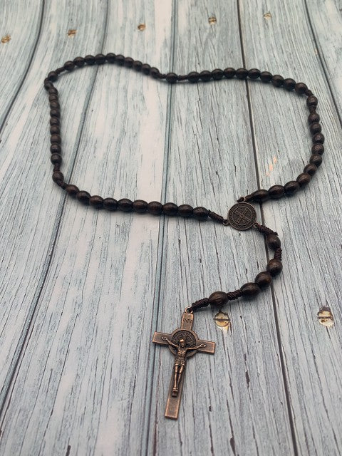 St Benedict Wood Rosary Cord Beaded Chaplet Wood Beads Saint Medal & Cross