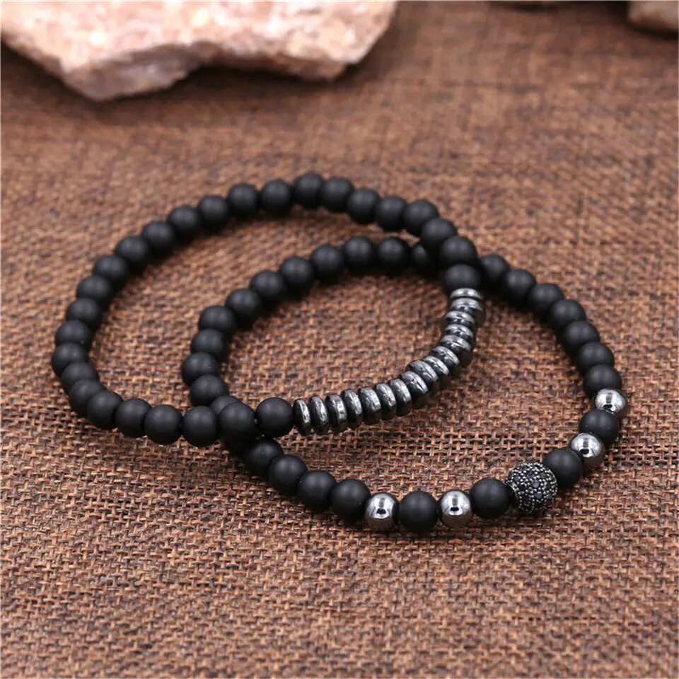 3pcs Black Beads Stainless Steel Bracelet Bangle Jewelry Gift For Men