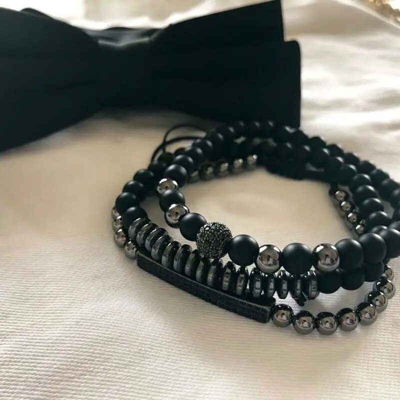3pcs Black Beads Stainless Steel Bracelet Bangle Jewelry Gift For Men