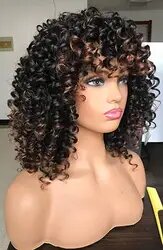 Afro Curly Wig with Bangs β Black & Warm Brown Highlights | Natural Synthetic Hair