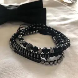 3pcs Black Beads Stainless Steel Bracelet Bangle Jewelry Gift For Men