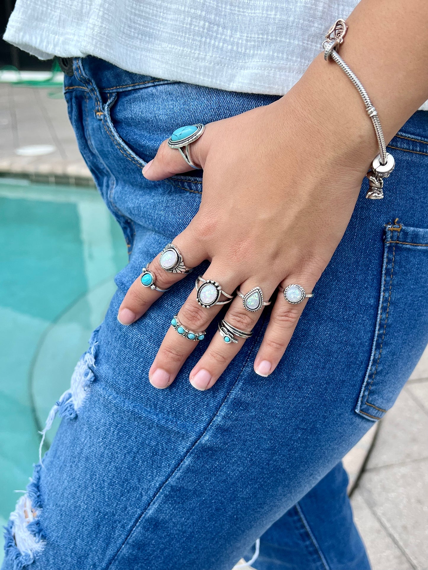 Vintage Alloy Inlaid Turquoise Geometric Ring Set of 8 silver