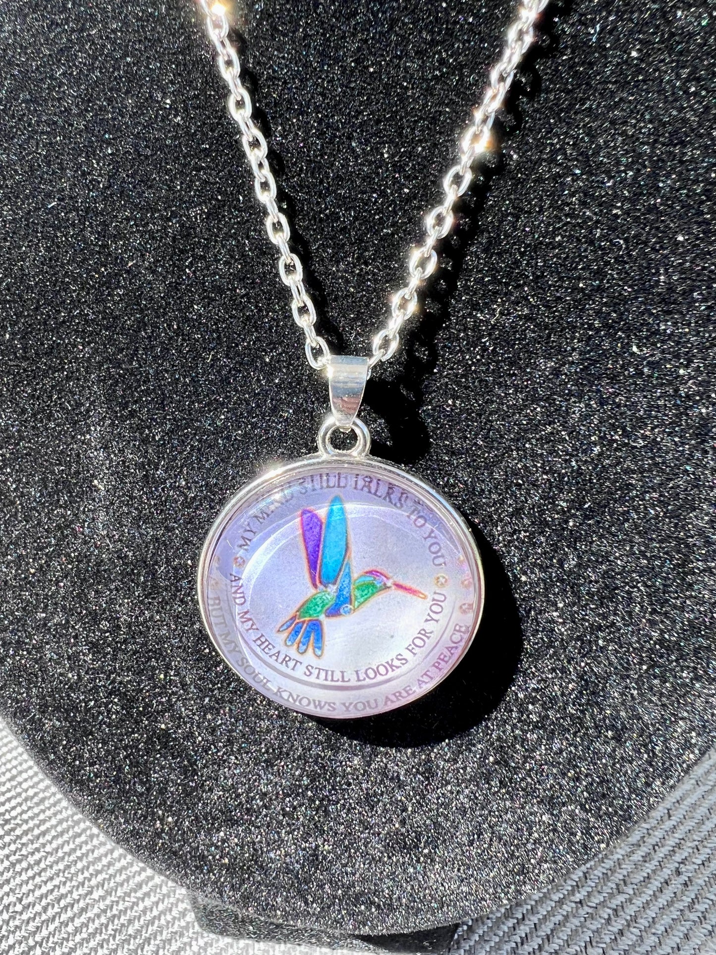 My Mind Still Talks To You" HummingBird - Glass Cabochon Silver Charm Pendant Necklace, Memorial