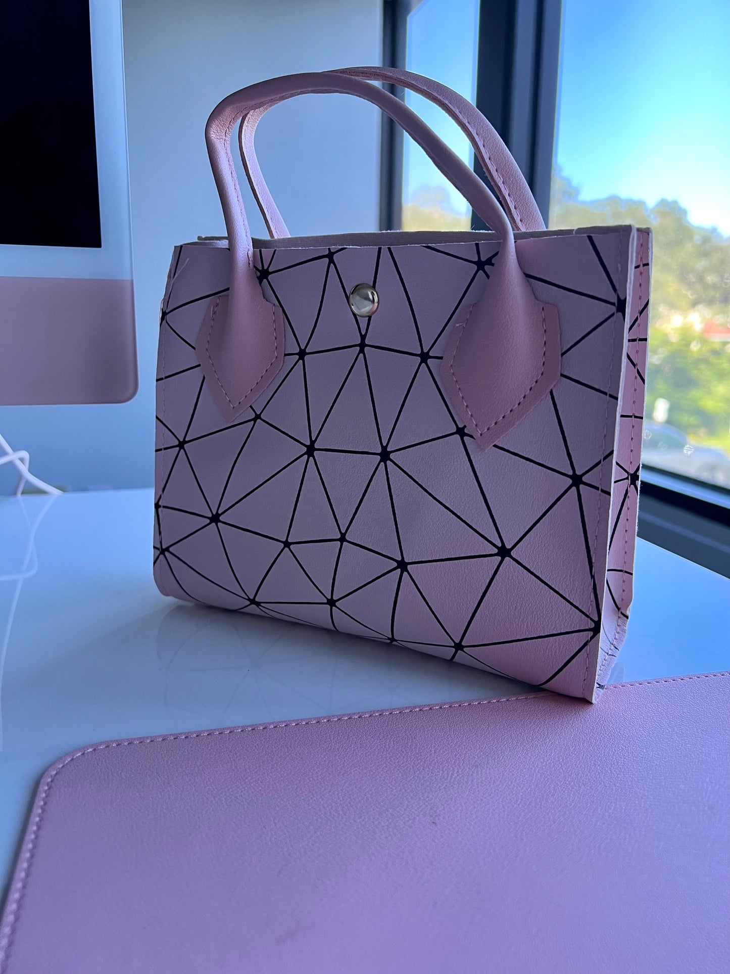 Mini Geometric Satchel Bag – Small PU Leather Square Handbag with Snap Closure