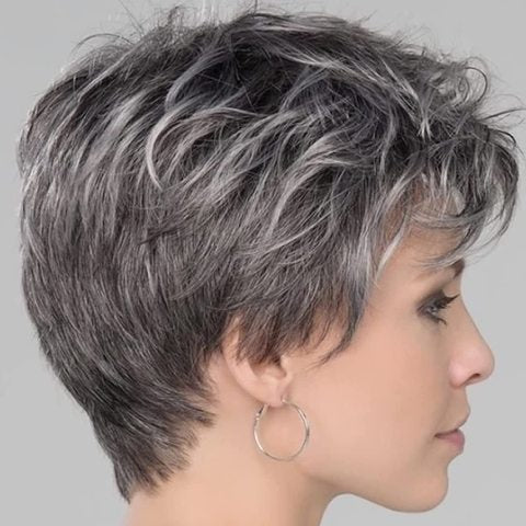 Short Grey Wig Pixie Cut Wig with Bangs Mixed Grey Wigs for White Women Layered