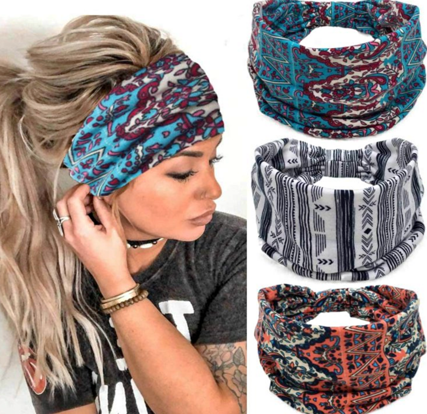 Boho Stretch Wide Hair Bands l Black l Knotted Turban for Women Hair Wrap l 3 Pcs