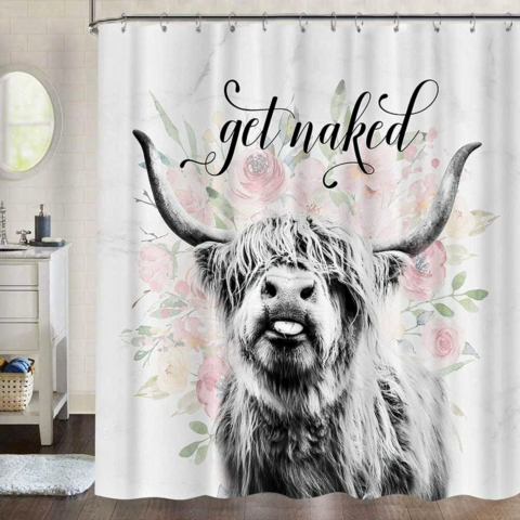 New✨ Shower Curtain Farmhouse Highland Shower Curtain, Funny, Cattle Bull Cow Floral