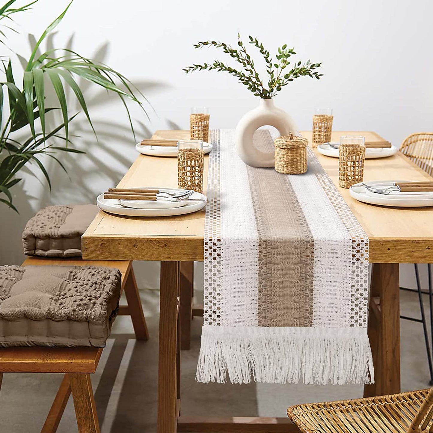 Rustic Boho Macrame Table Runner 12βx72β β Cotton & Jute Blend with Tassels, Farmhouse Dining Decor