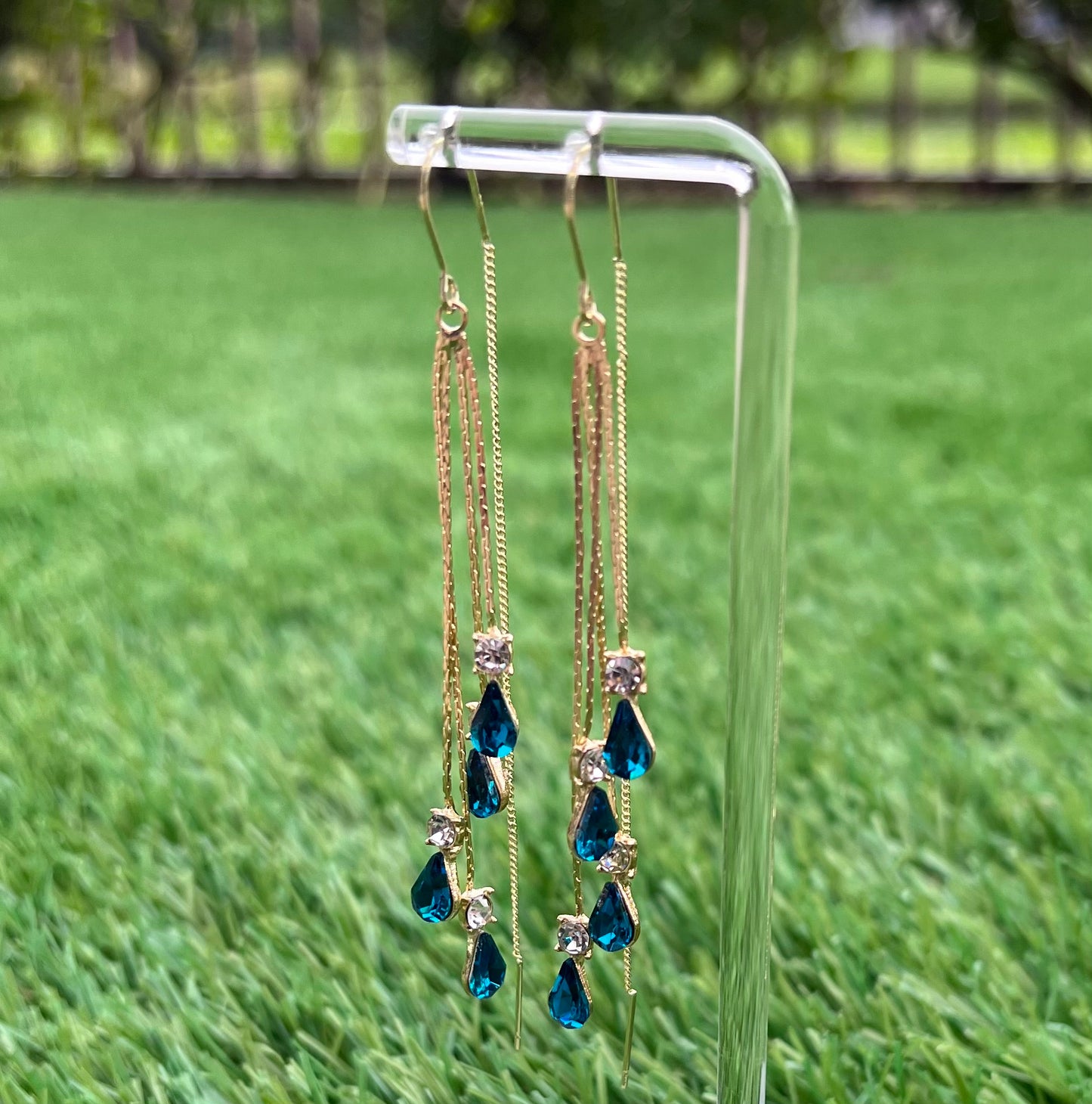 Ocean Blue Layered Threader Earrings – Crystal Zircon, Long Drop Design