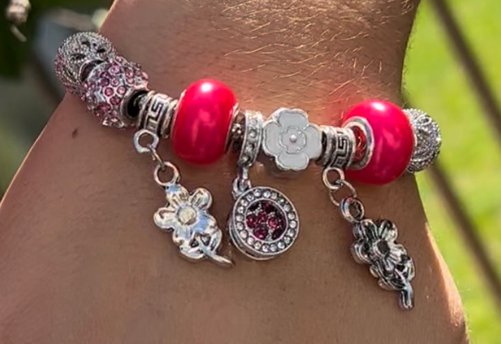 Red Glaze Big Hole Beads Silver Bangle Bracelet – Fashion Jewelry for Women