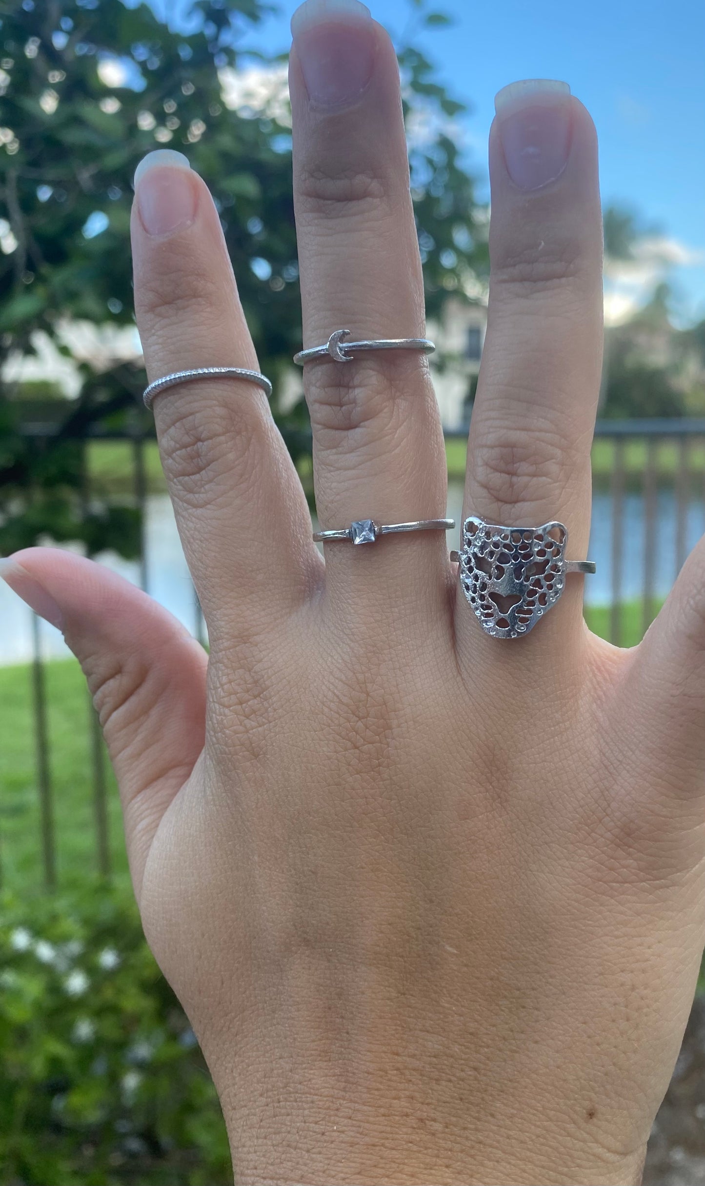 4-Piece Silver-Toned Ring Set with Crystal, Mermaid Tail, Tiger & Plain Design