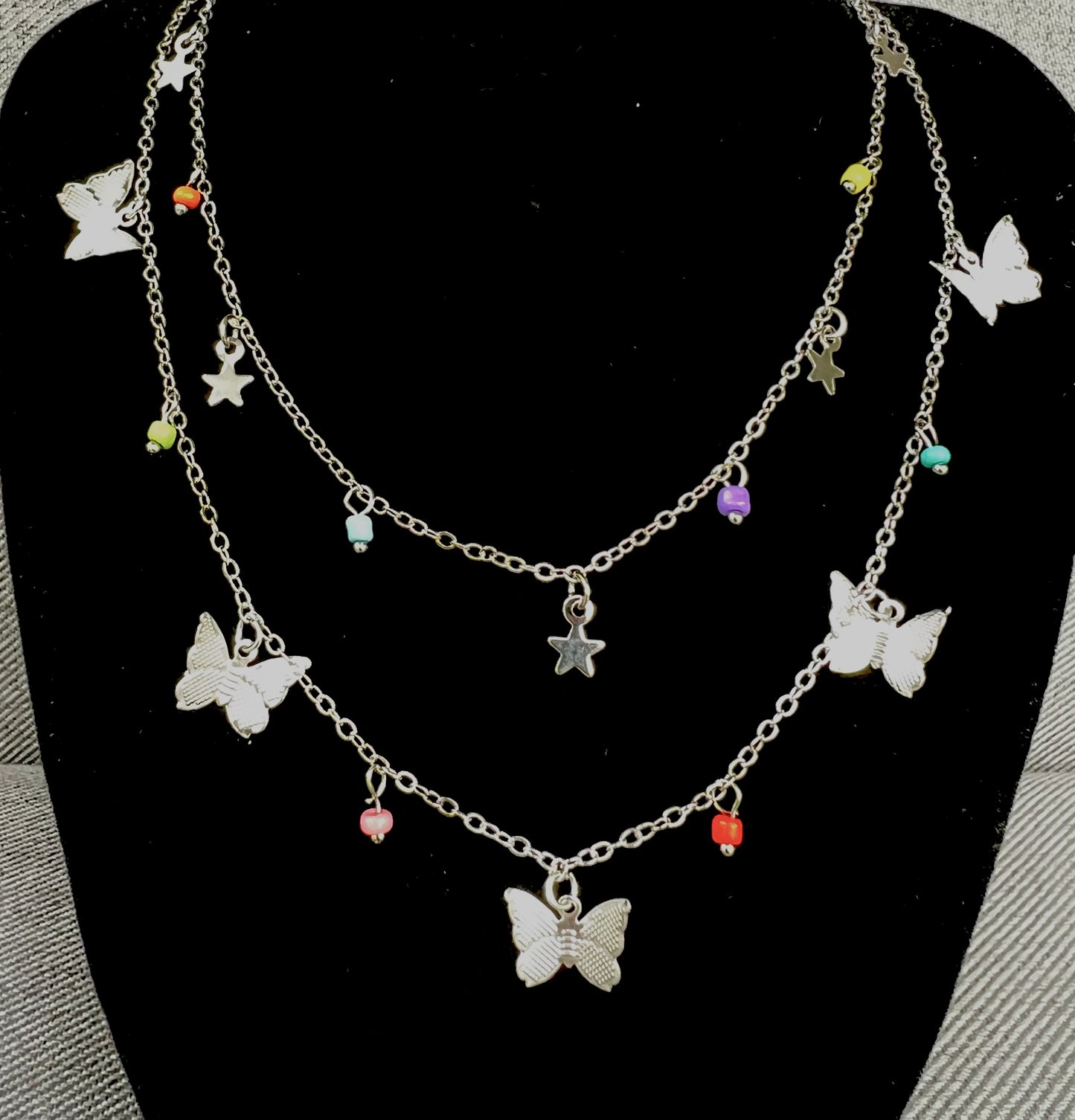 SwDouble-Layered Star & Butterfly Choker β Beaded Gold-Tone Alloy Necklace for Women & Girlseet Star Butterfly Beaded Alloy Layered Plating Alloy Choker 1 Piece