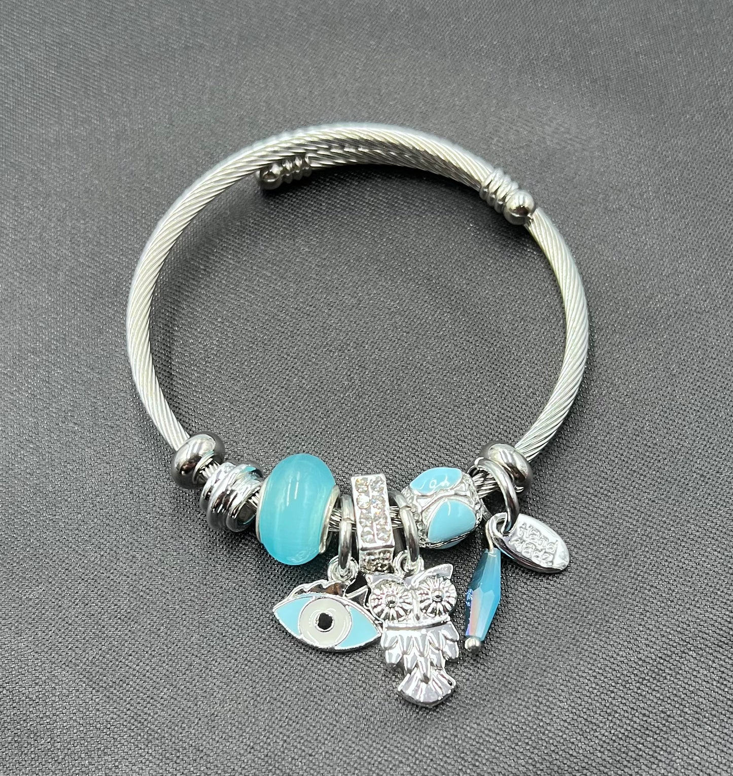 Silver Charm Bangle Bracelet – Evil Eye, Beads & Crystal Accents | Adjustable Alloy Jewelry