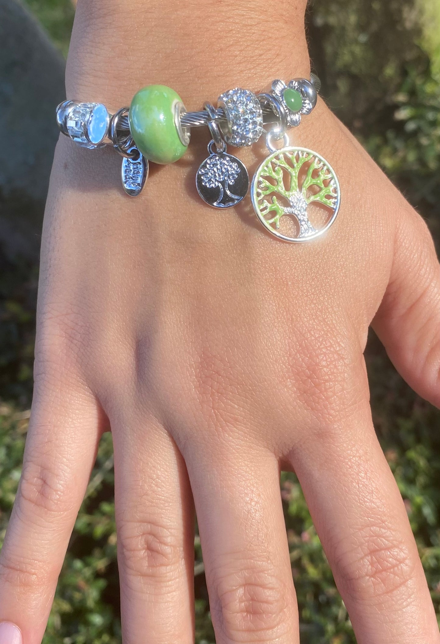 Silver Bangle Bracelet with Green Beads & Tree of Life Charm