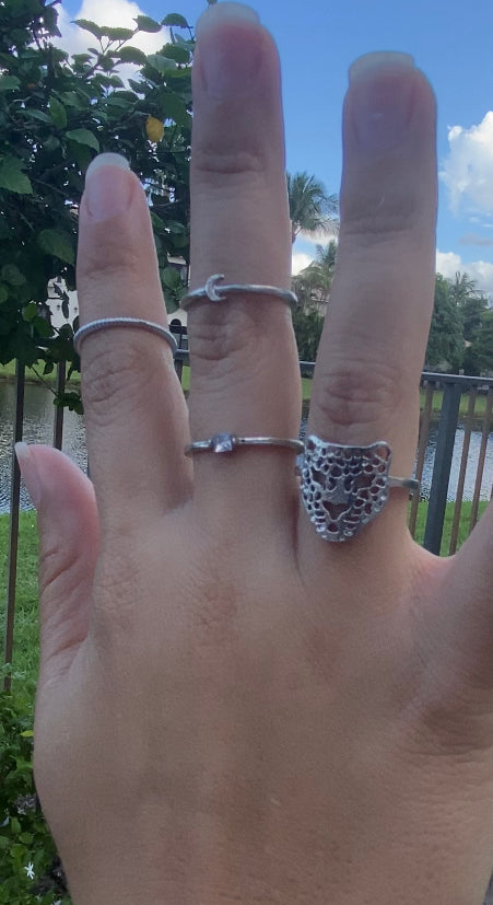 4-Piece Silver-Toned Ring Set with Crystal, Mermaid Tail, Tiger & Plain Design