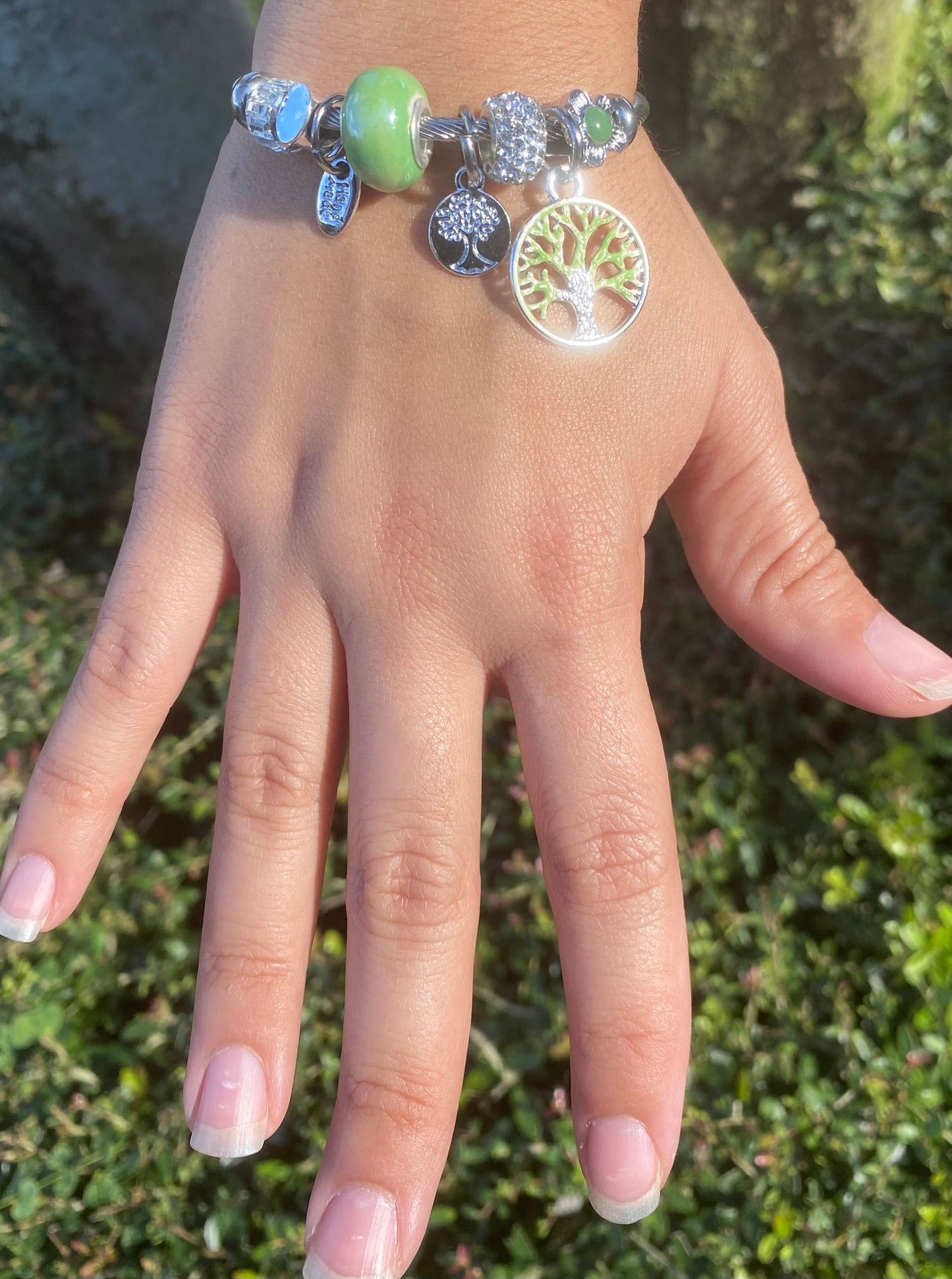 Silver Bangle Bracelet with Green Beads & Tree of Life Charm