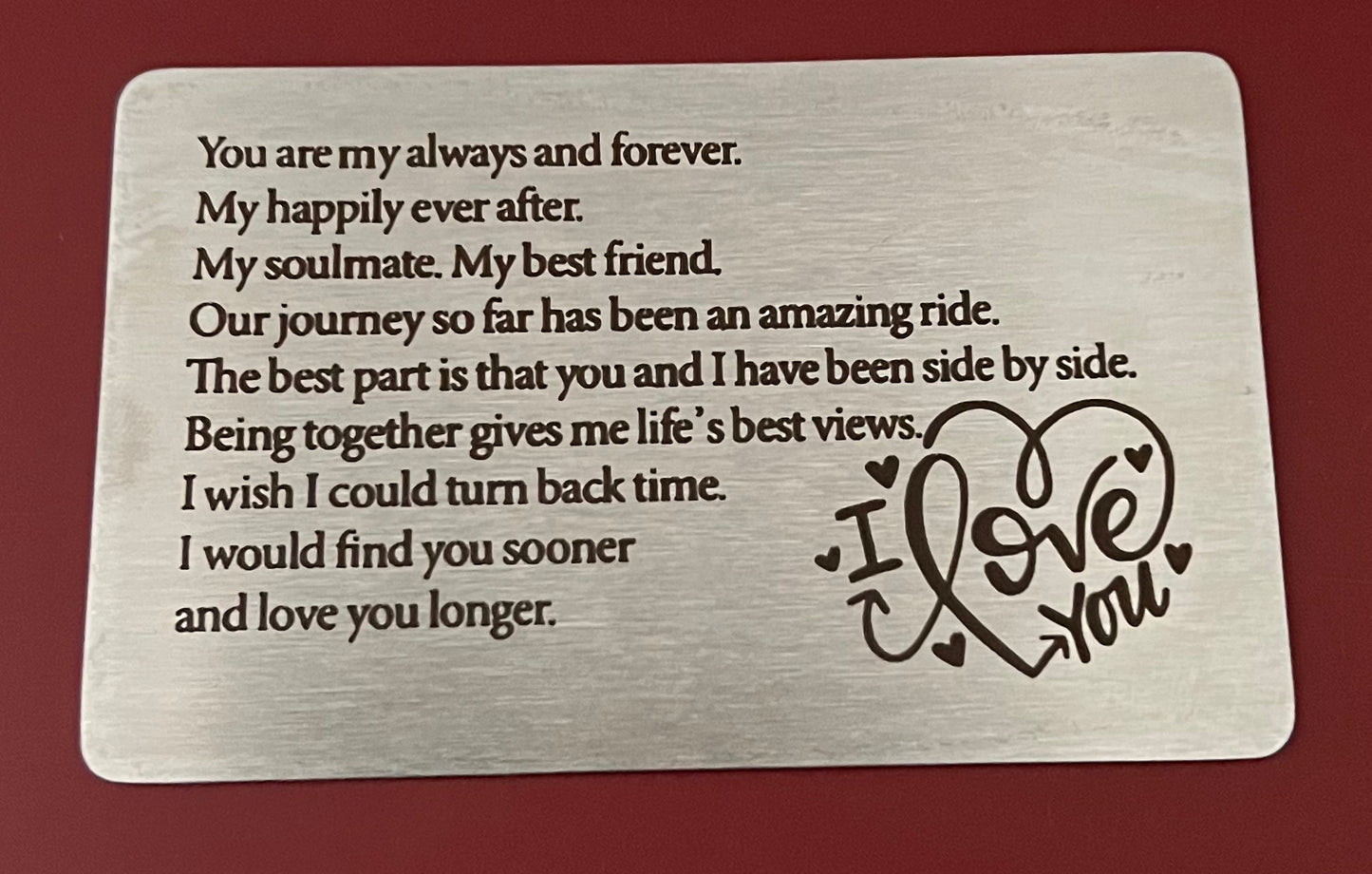 Engraved Metal Wallet Insert Card Anniversary, Love Note, Deployment Christmas Gift Happily