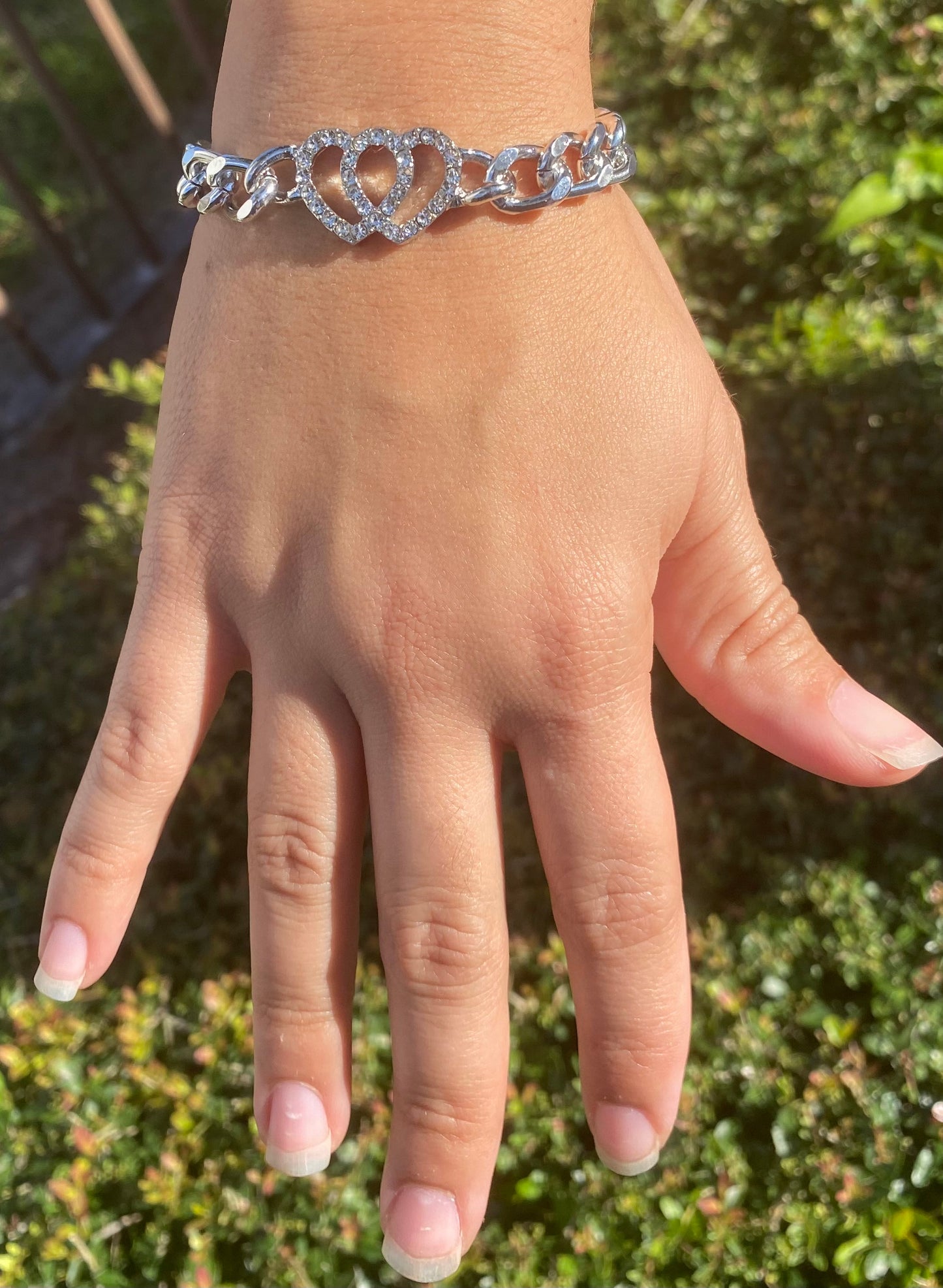 Double Heart Rhinestone Chain Bracelet for Women – Elegant Thick Link Design