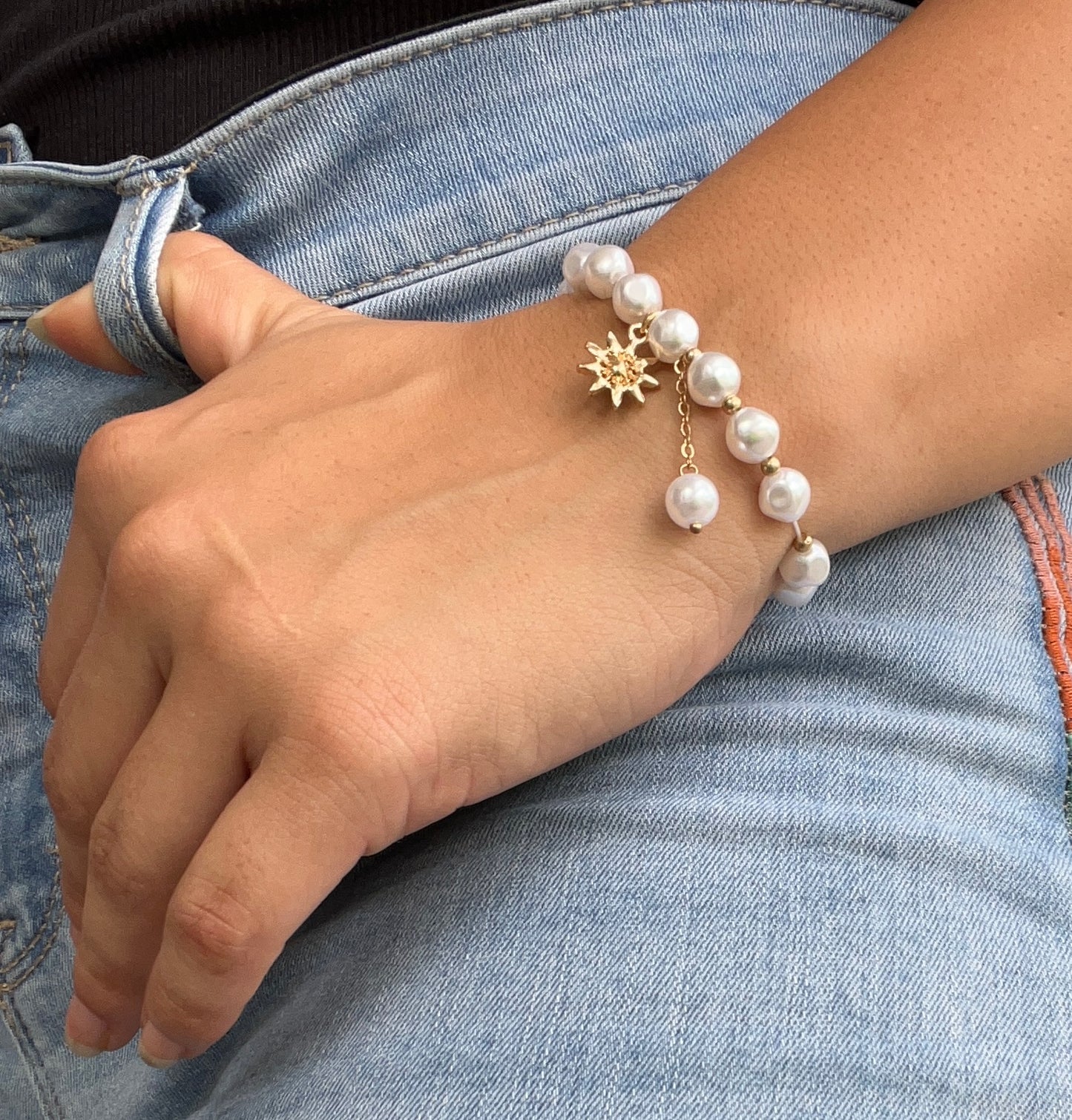 Simple Double Pearl Dream Catcher Pendant Crystal Bracelet