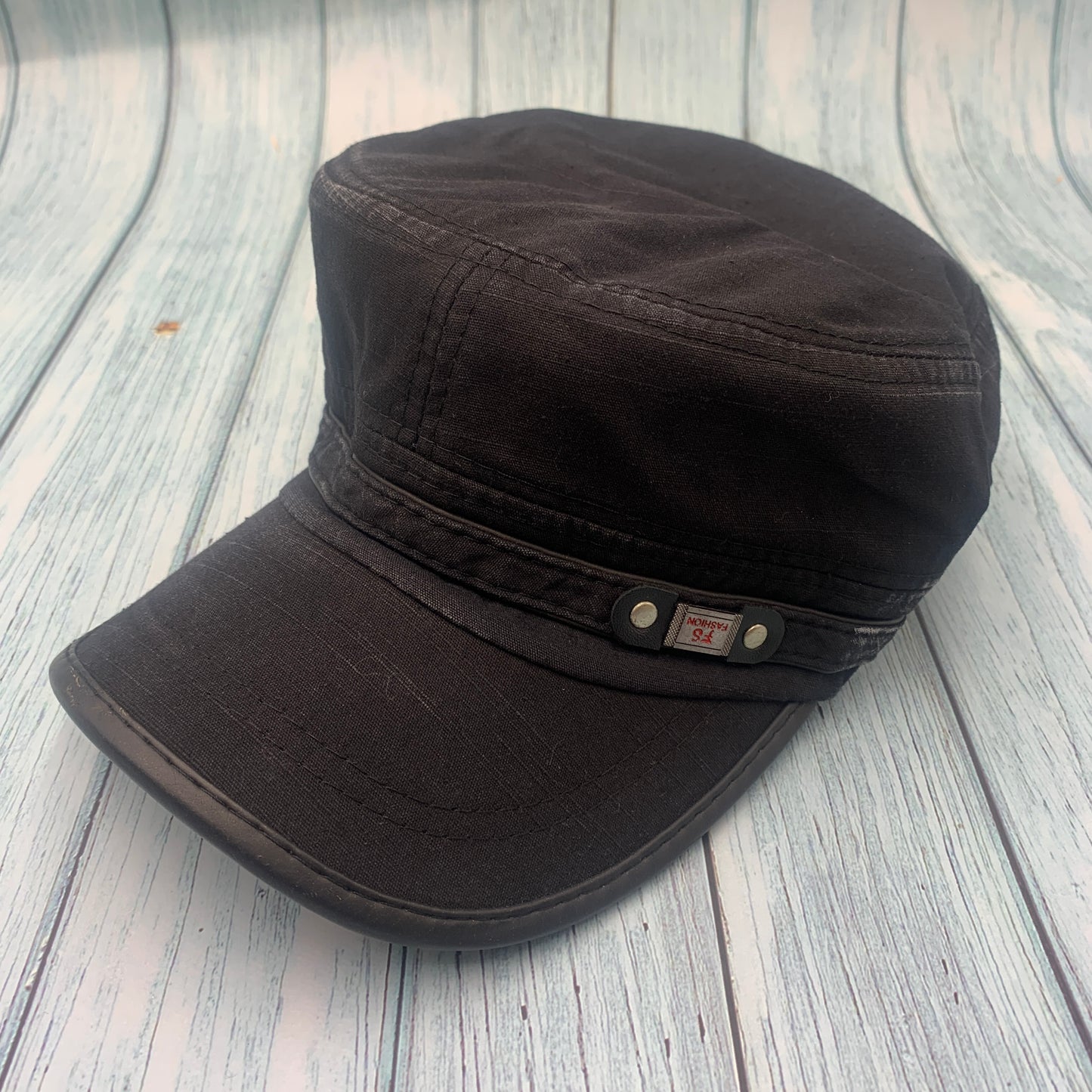 Black Cadet Army Cap – Washed Cotton Military Flat Top Hat, Adjustable One Size Fits All