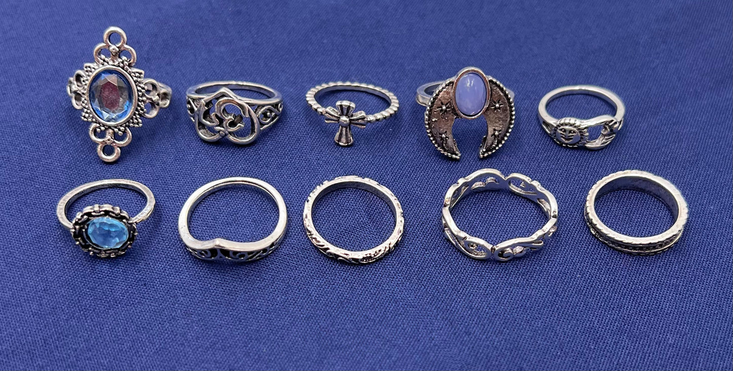 10-Piece Vintage Ring Set for Women β Blue Diamond, Horn, Cross & Sun Boho Designs