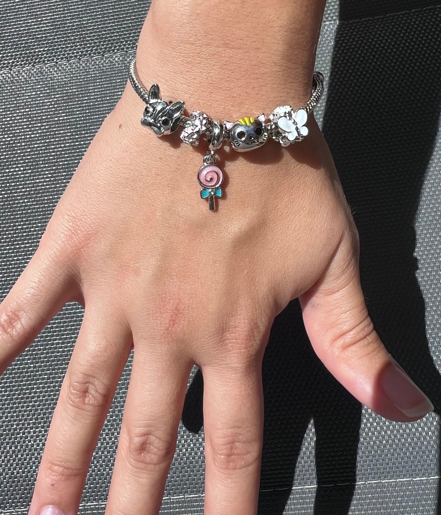 πΎ Cute Silver Charm Bracelet β Dog, Cat, Butterfly & Lollipop Pendants | Alloy Jewelry Gif
