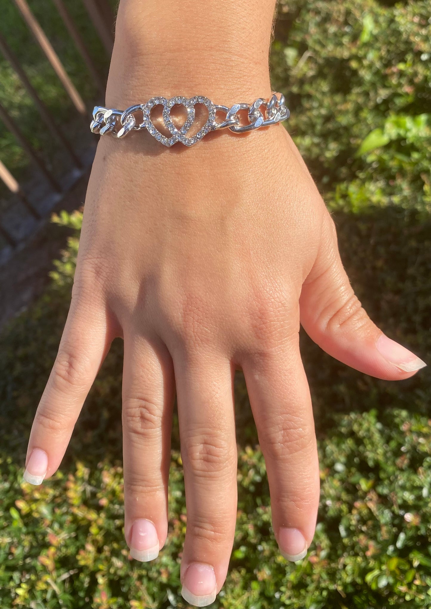 Double Heart Rhinestone Chain Bracelet for Women – Elegant Thick Link Design