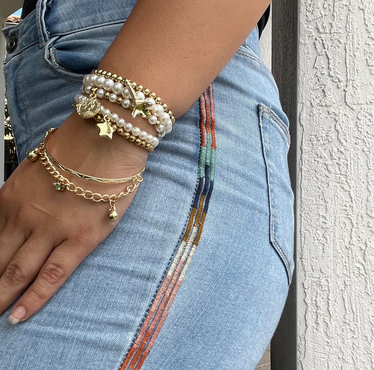 Pearl Vintage Bracelet Coin Six-piece Jewelry Multi-layer Elastic Bracelet