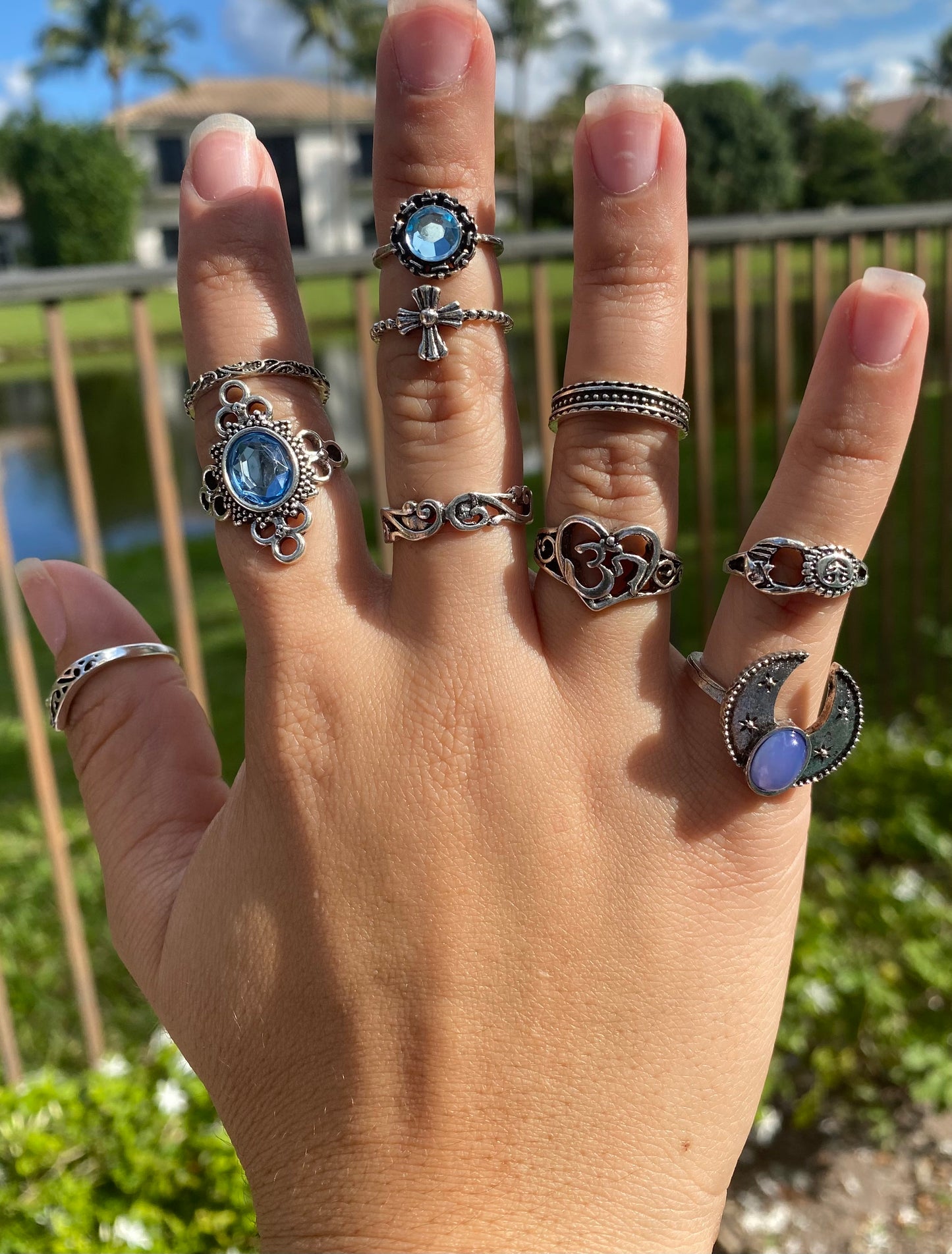 10-Piece Vintage Ring Set for Women β Blue Diamond, Horn, Cross & Sun Boho Designs