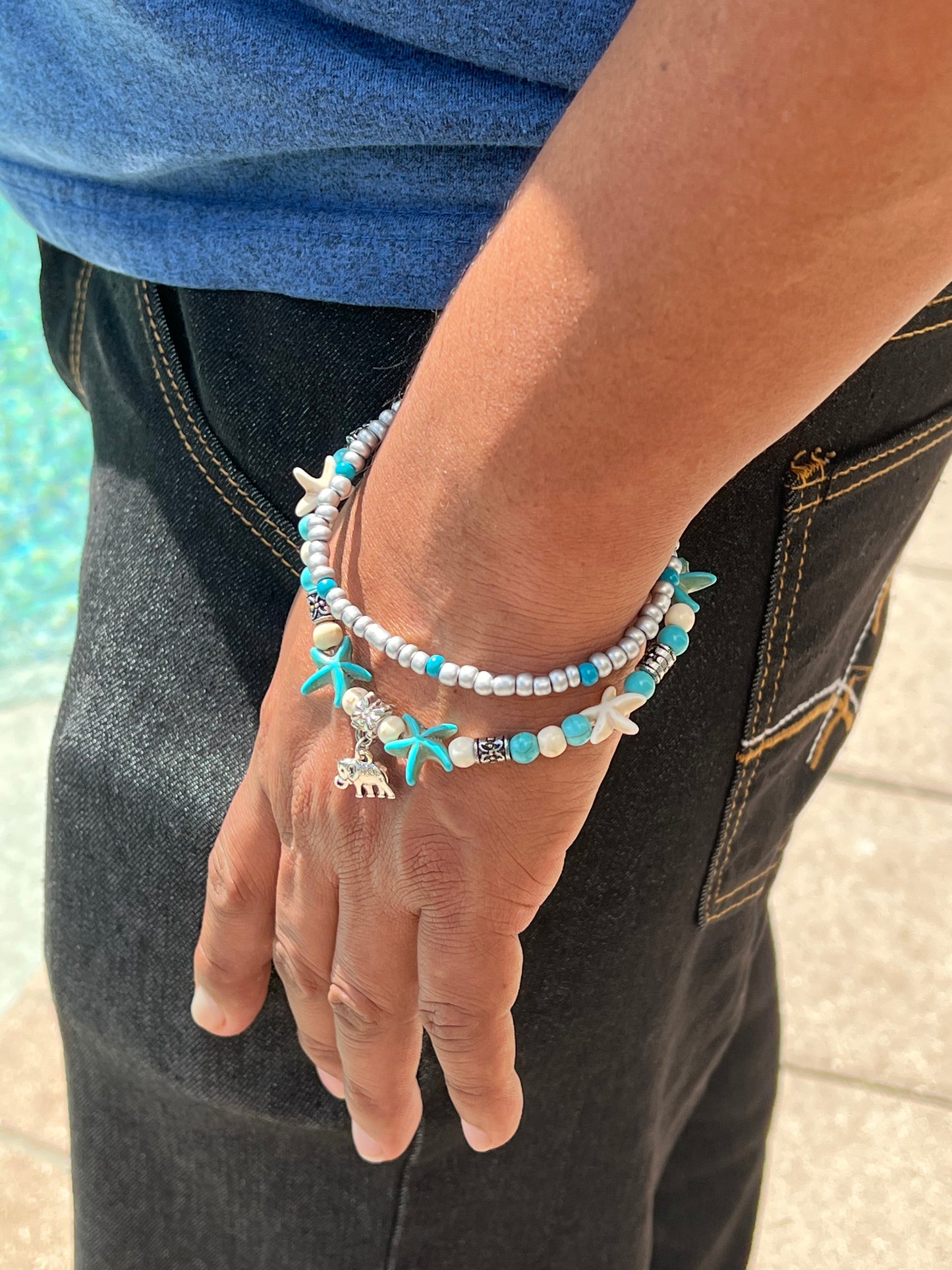 Elephant & Starfish Anklet – Double-Layer Bracelet with White & Blue Beads, Ocean-Inspired Jewelry