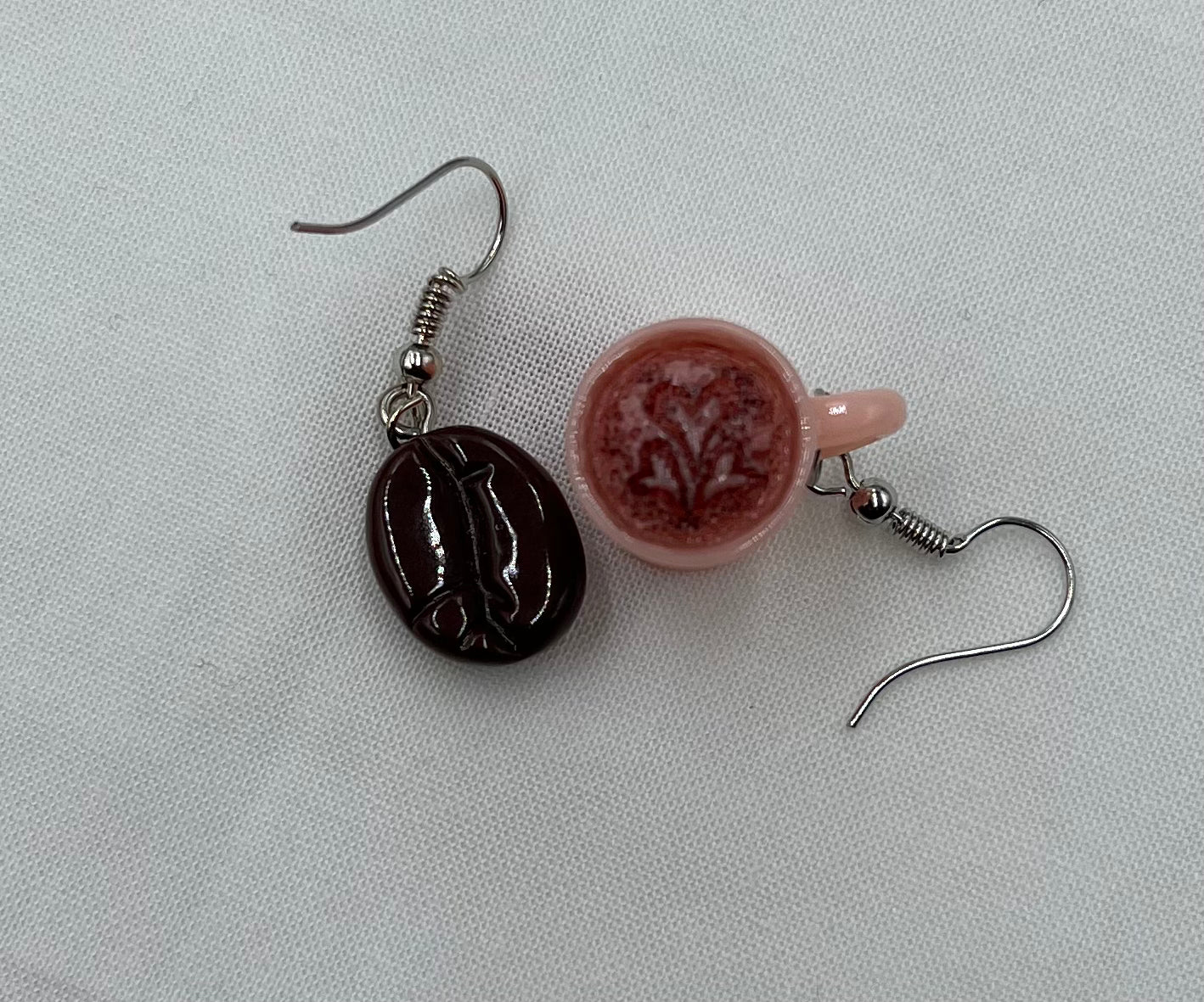 Pink Asymmetric Coffee Bean & Cup Dangle Earrings – Creative Drop Hook Jewelry Gift for Women