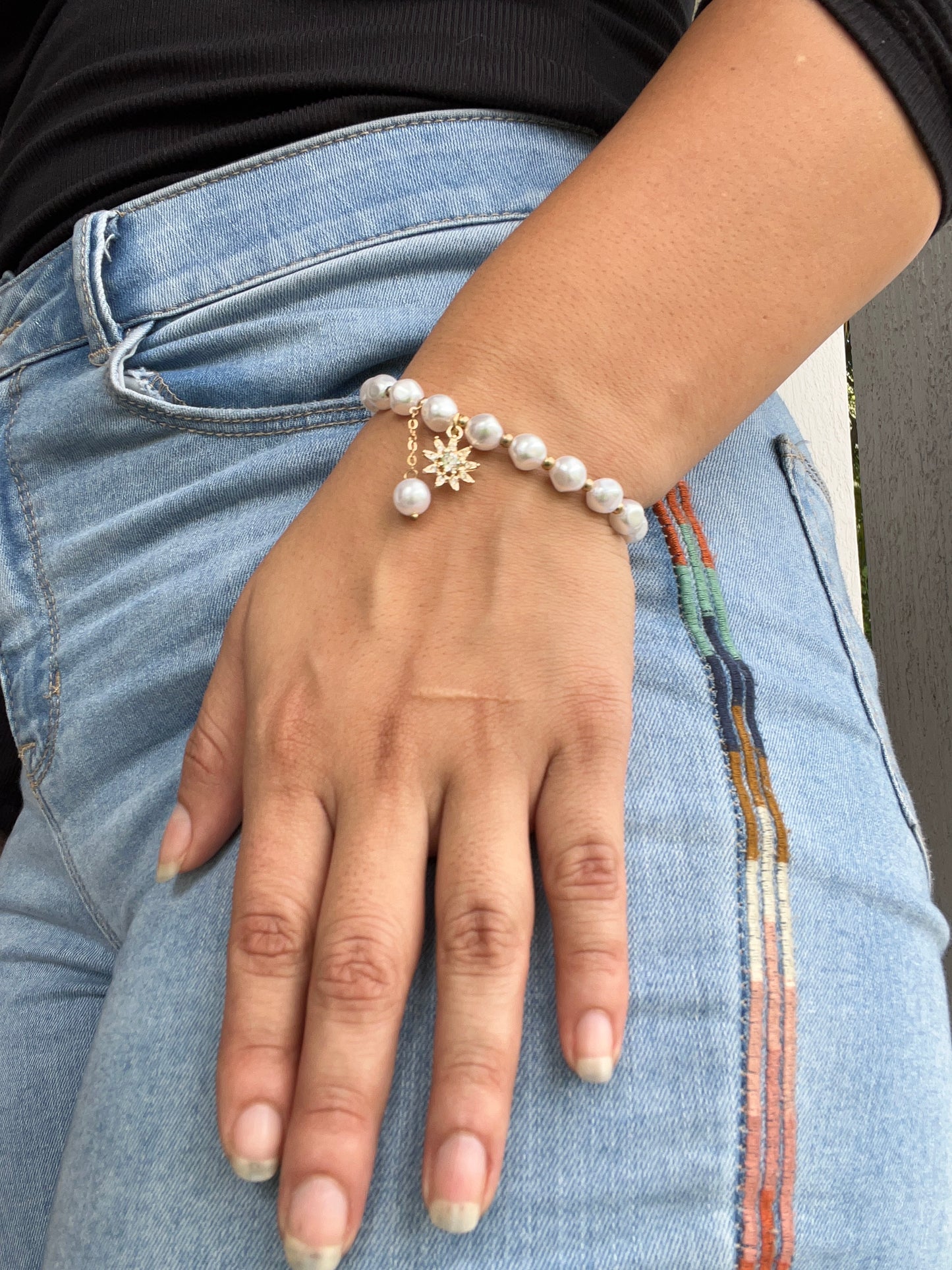 Simple Double Pearl Dream Catcher Pendant Crystal Bracelet